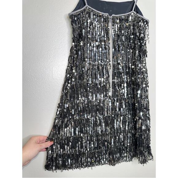 Alice + Olivia Chicago Sequin Fringe Mini Dress Gunmetal Silver/Gray Size US 4 - Picture 9 of 11
